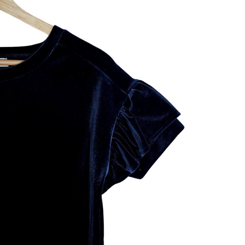 Madewell Womens Tee XXS Dark Blue Velvet Short Ruffle Sleeve Crew Neck Chic Top - Picture 2 of 12